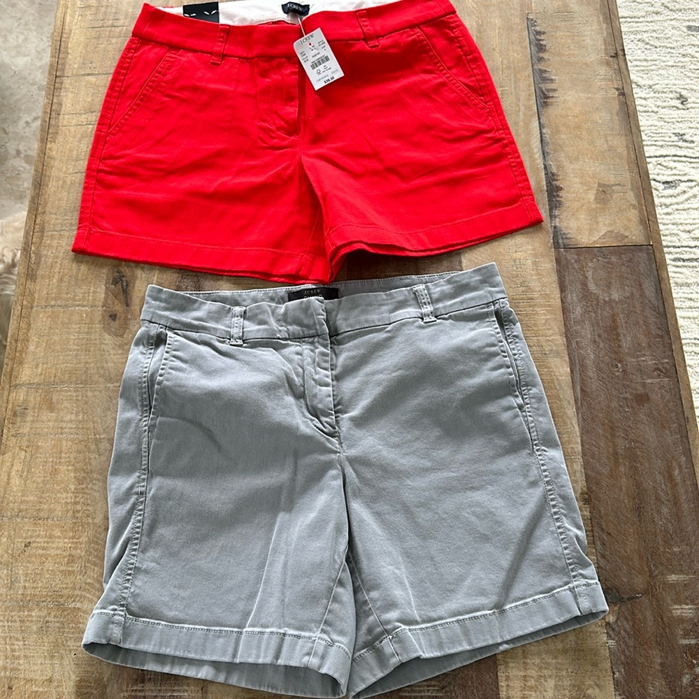 J crew shorts lot. Size 4 gray chino shorts. Red 5” short NWT